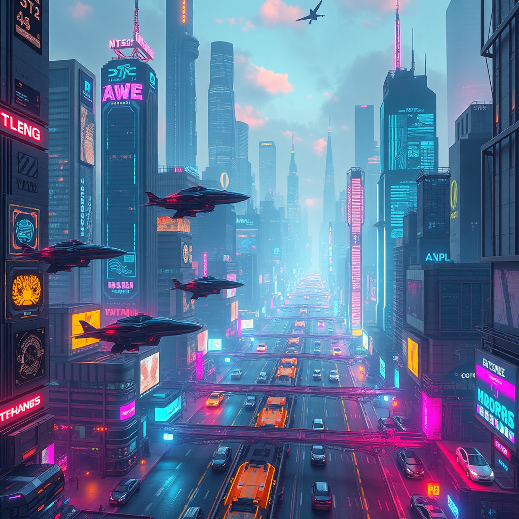A futuristic cityscape with holographic projections of cutting-edge AI technologies. Flying vehicles and advanced infrastructure represent the future. The lighting is dynamic and vibrant. The style reference is cyberpunk with a focus on technological innovation.