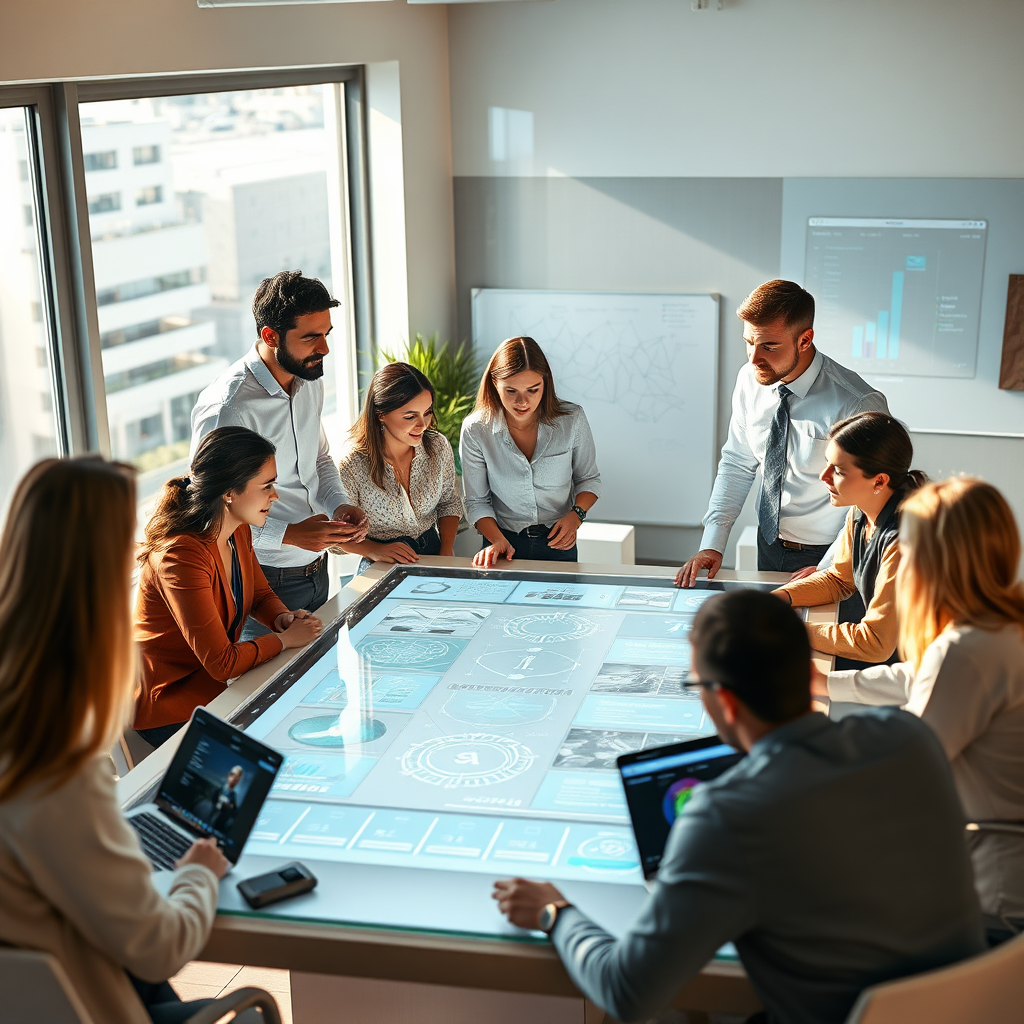 A photorealistic image depicting a brainstorming session with diverse professionals collaborating around a holographic table displaying AI models and data visualizations. The setting is a modern, sunlit office. Lighting should be warm and inviting, fostering a sense of collaboration and innovation. The color palette is neutral with pops of blue and green. The camera angle is a medium shot capturing the interaction and focus of the team. Relevant props: whiteboards with AI diagrams, laptops displaying code, and interactive data dashboards. Style reference: realistic corporate photography with a focus on dynamic team interaction.