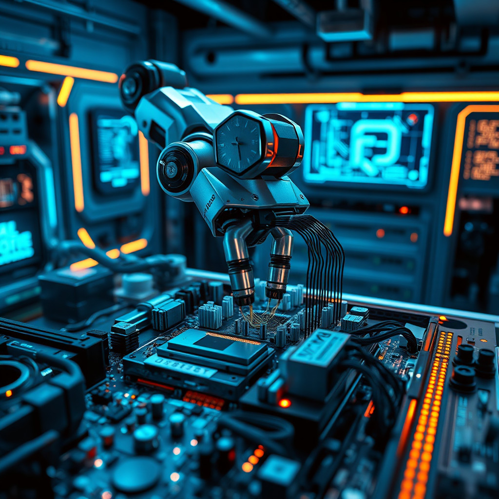 A stylized image depicting a robotic arm precisely assembling complex circuits on a futuristic motherboard. The environment is a clean, high-tech lab with glowing interfaces and holographic displays. Lighting is sharp and focused, emphasizing the precision and automation of the process. The color palette is metallic silver and deep blue with neon accents. Camera angle is a close-up shot highlighting the intricate details of the robotic arm and circuits. Style reference: Inspired by the aesthetic of 'Ghost in the Shell' with a focus on technological precision.