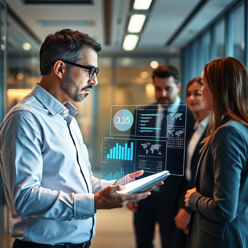 An image of a consultant analyzing data on a holographic display, guiding a business team in a modern office.